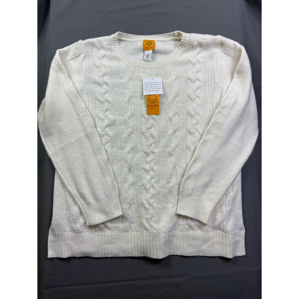 Ruby Rd Women's Ivory Cable Knit Crew Neck Sweater Holiday 39165 NL Large‎ NWT